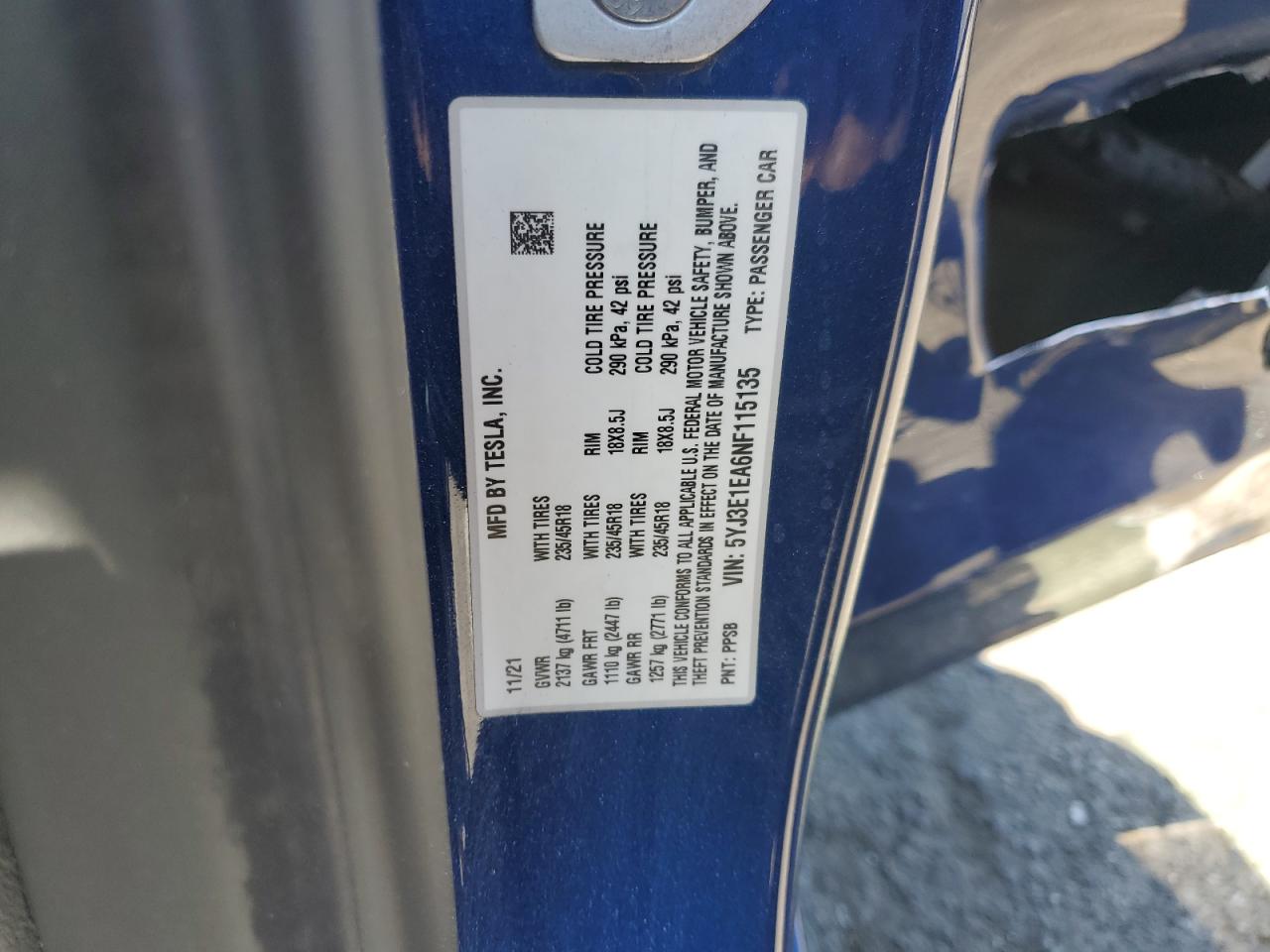 2022 TESLA MODEL 3 VIN:5YJ3E1EA6NF115135