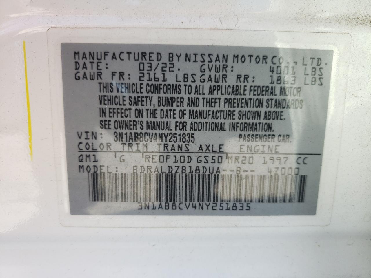 2022 NISSAN SENTRA SV VIN:3N1AB8CV4NY251835
