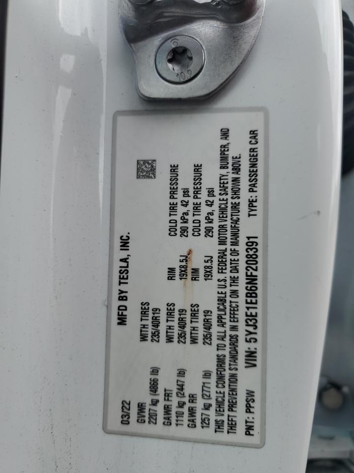 2022 TESLA MODEL 3 VIN:5YJ3E1EB6NF208391