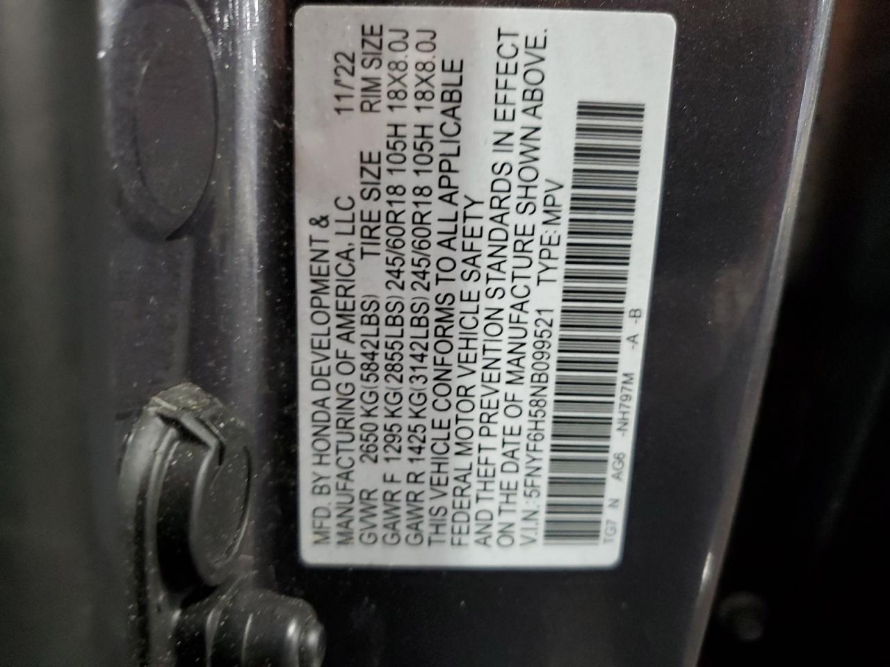 2022 HONDA PILOT EXL VIN:5FNYF6H58NB099521