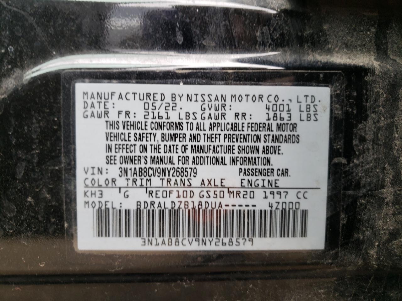 2022 NISSAN SENTRA SV VIN:3N1AB8CV9NY268579