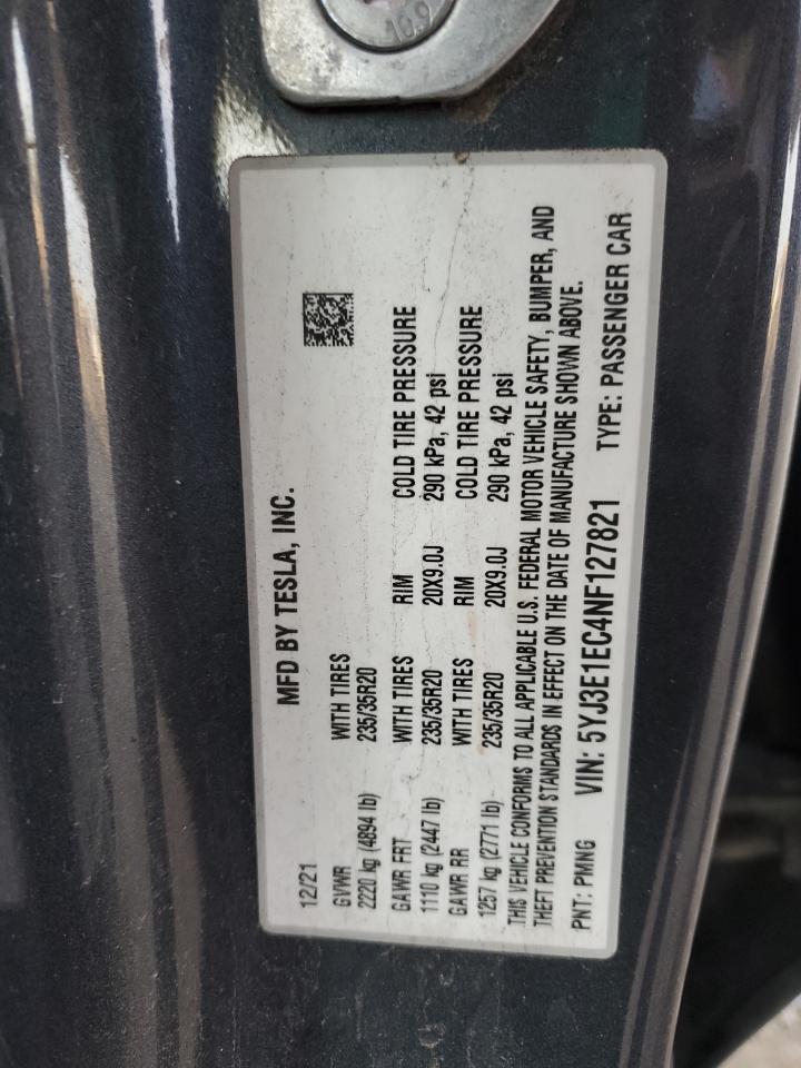 2022 TESLA MODEL 3 VIN:5YJ3E1EC4NF127821