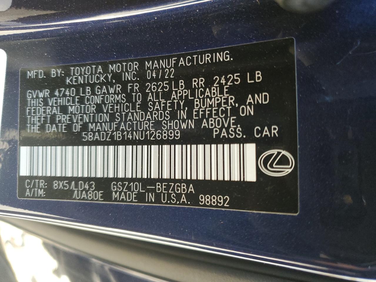 2022 LEXUS ES 350 BASE VIN:58ADZ1B14NU126899