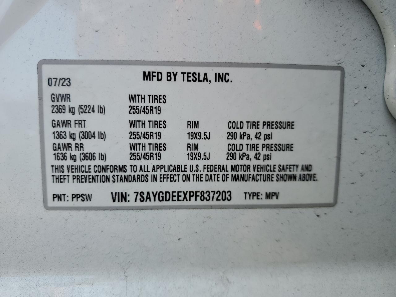 2023 TESLA MODEL Y VIN:7SAYGDEEXPF837203