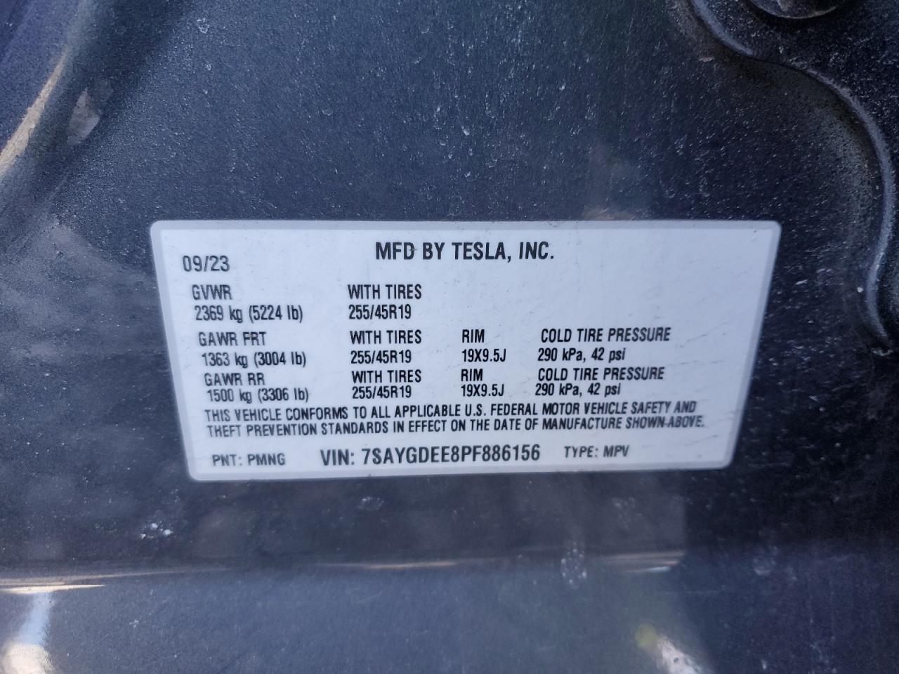 2023 TESLA MODEL Y VIN:7SAYGDEE8PF886156