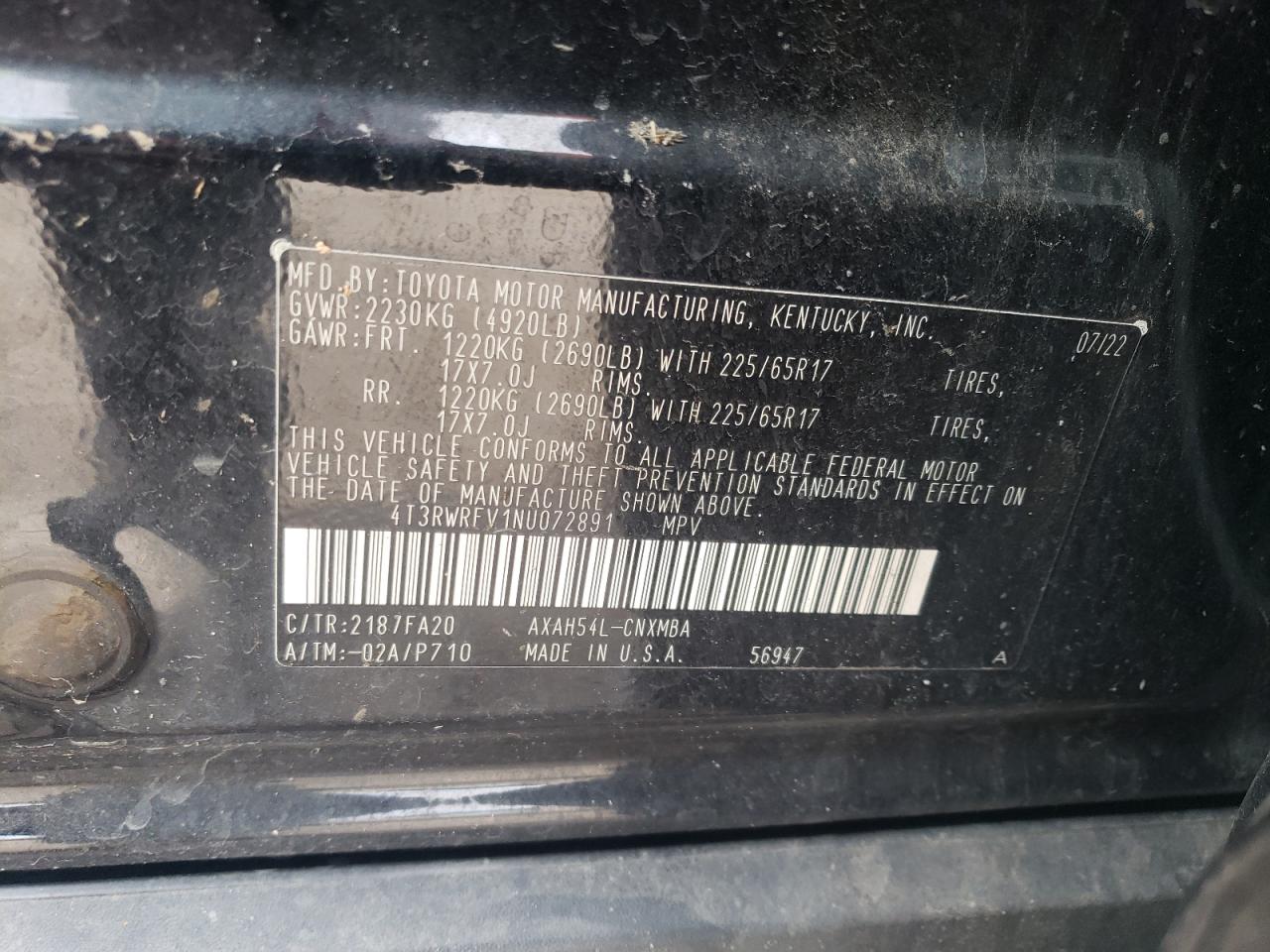 2022 TOYOTA RAV4 XLE VIN:4T3RWRFV1NU072891