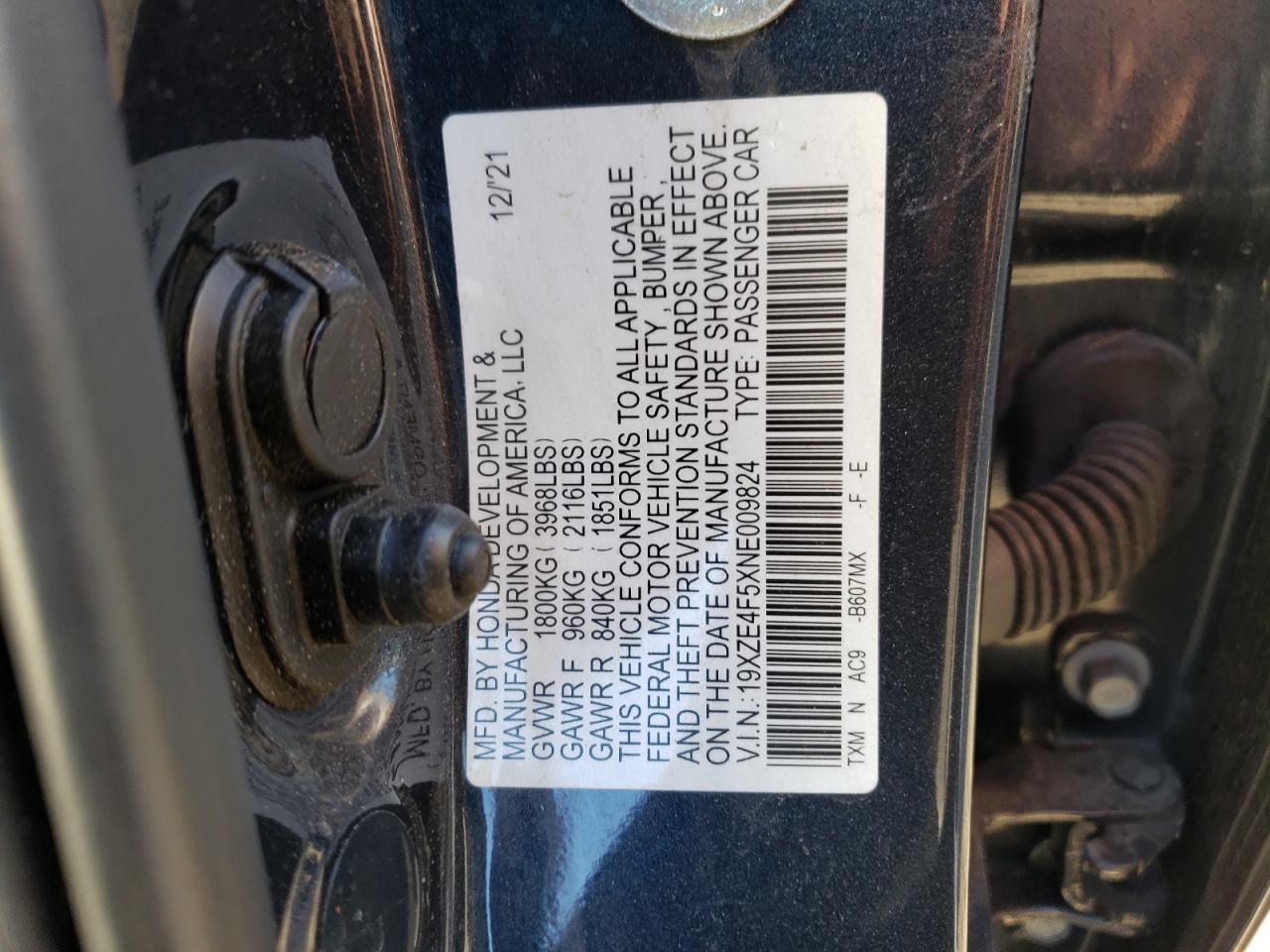 2022 HONDA INSIGHT EX VIN:19XZE4F5XNE009824