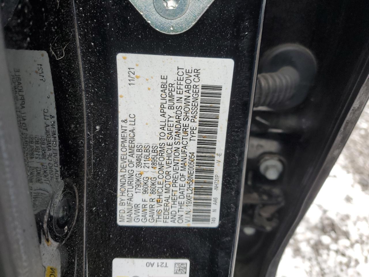 2022 HONDA CIVIC LX VIN:19XFL2H58NE005054