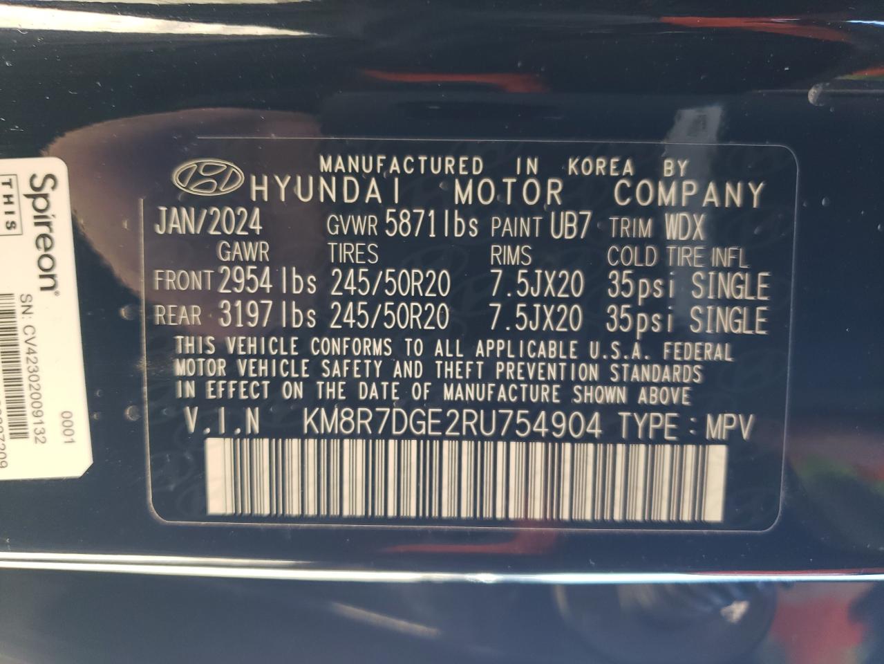 2024 HYUNDAI PALISADE CALLIGRAPHY VIN:KM8R7DGE2RU754904