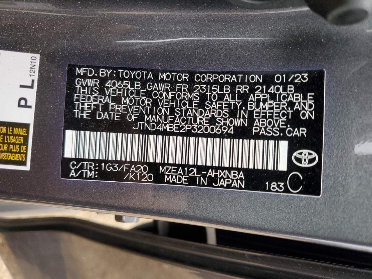 2023 TOYOTA COROLLA SE VIN:JTND4MBE2P3200694