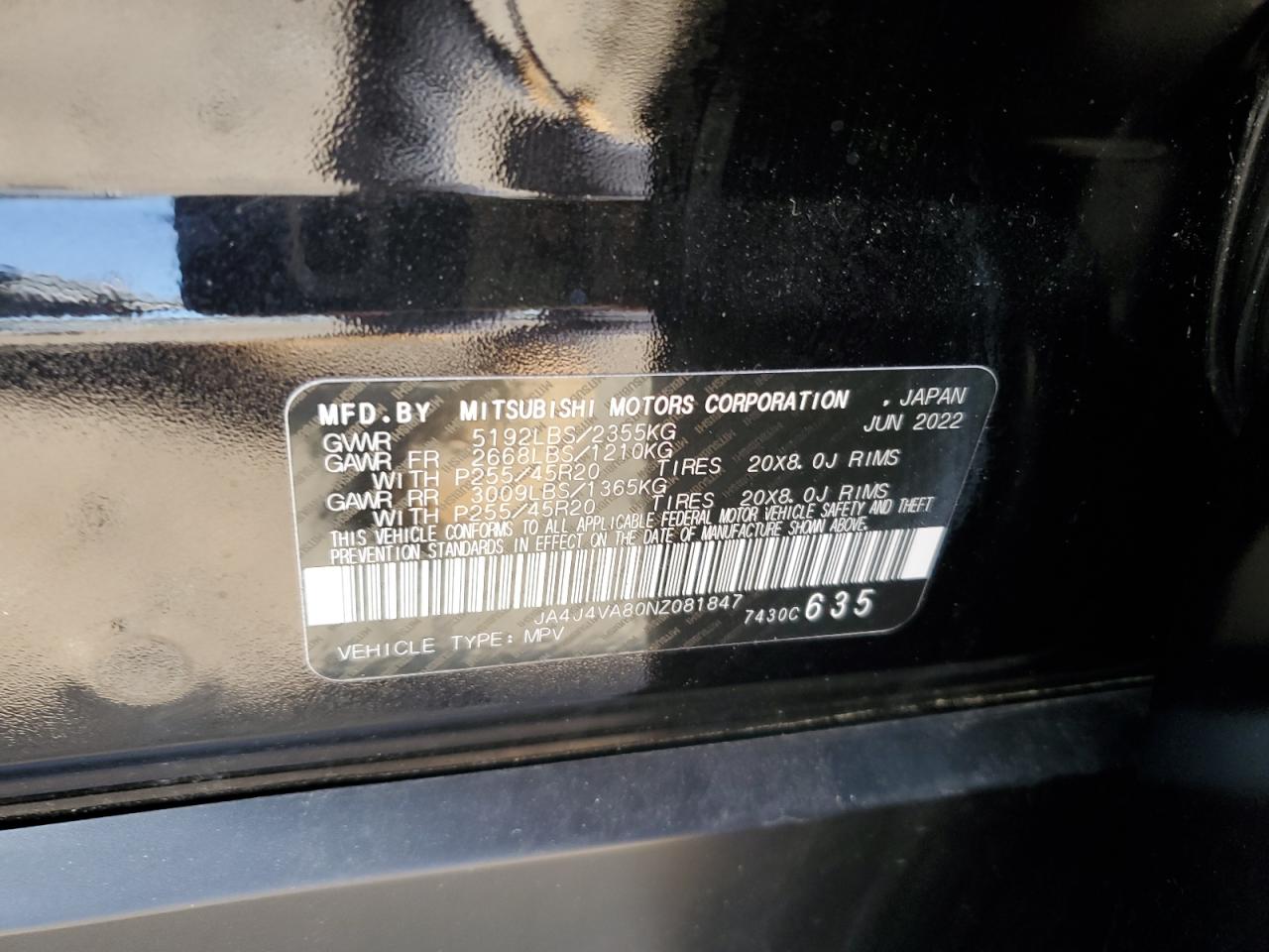 2022 MITSUBISHI OUTLANDER SEL VIN:JA4J4VA80NZ081847