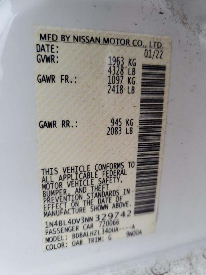 2022 NISSAN ALTIMA SV VIN:1N4BL4DV3NN329742