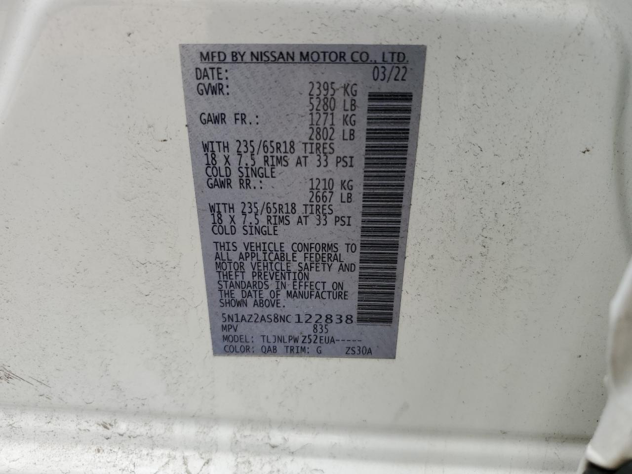 2022 NISSAN MURANO S VIN:5N1AZ2AS8NC122838