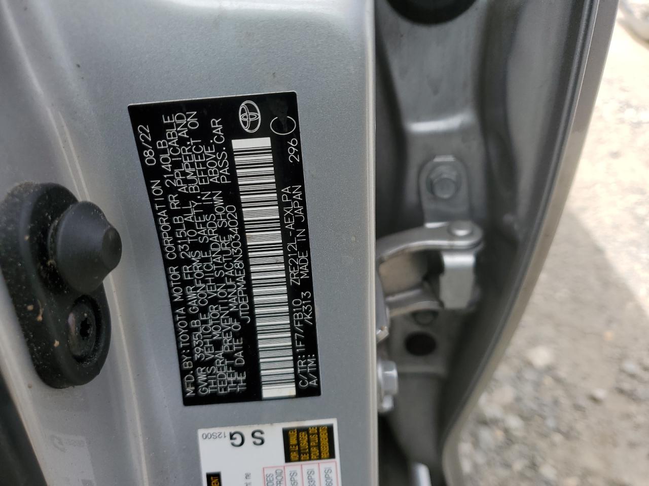 2022 TOYOTA COROLLA LE VIN:JTDEPMAE8N3034020