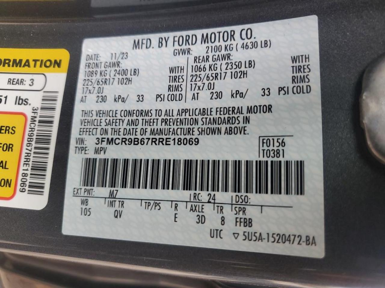 2024 FORD BRONCO SPORT BIG BEND VIN:3FMCR9B67RRE18069