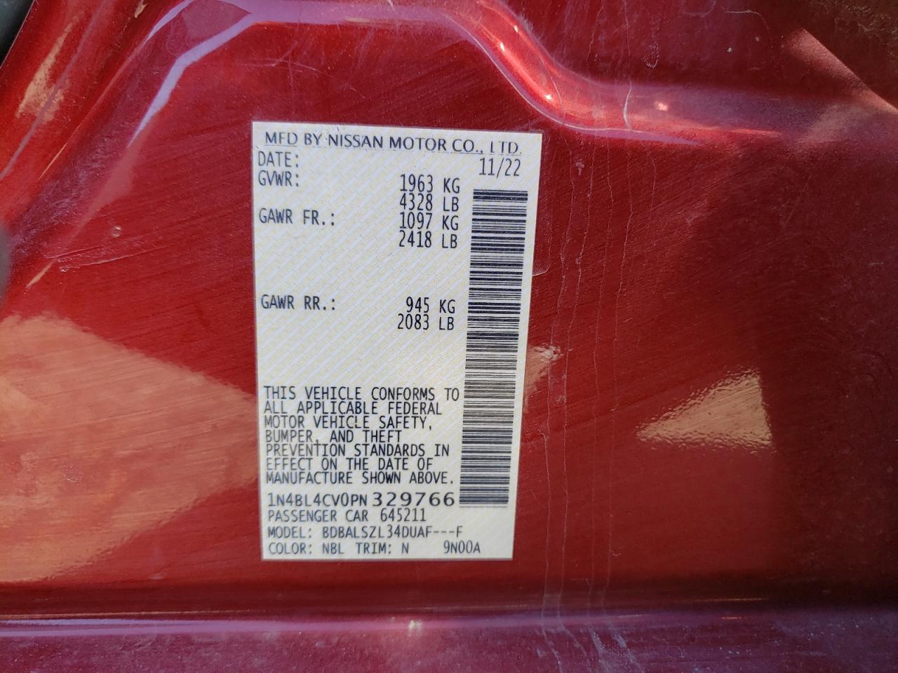 2023 NISSAN ALTIMA SR VIN:1N4BL4CV0PN329766