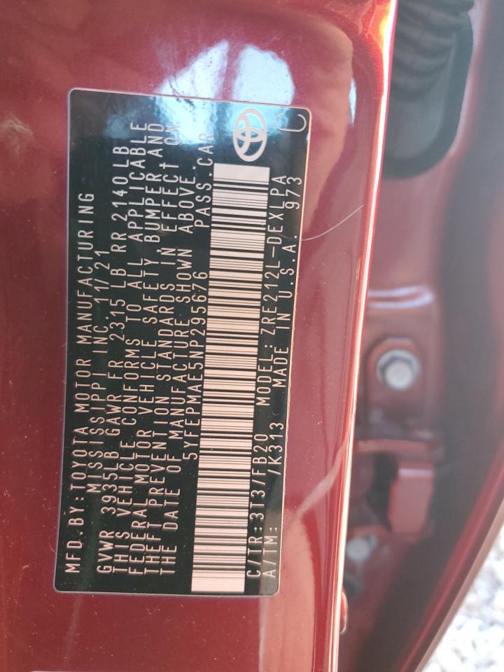 2022 TOYOTA COROLLA LE VIN:5YFEPMAE5NP295676