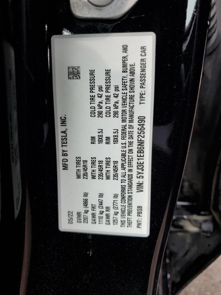 2022 TESLA MODEL 3 VIN:5YJ3E1EB6NF256490