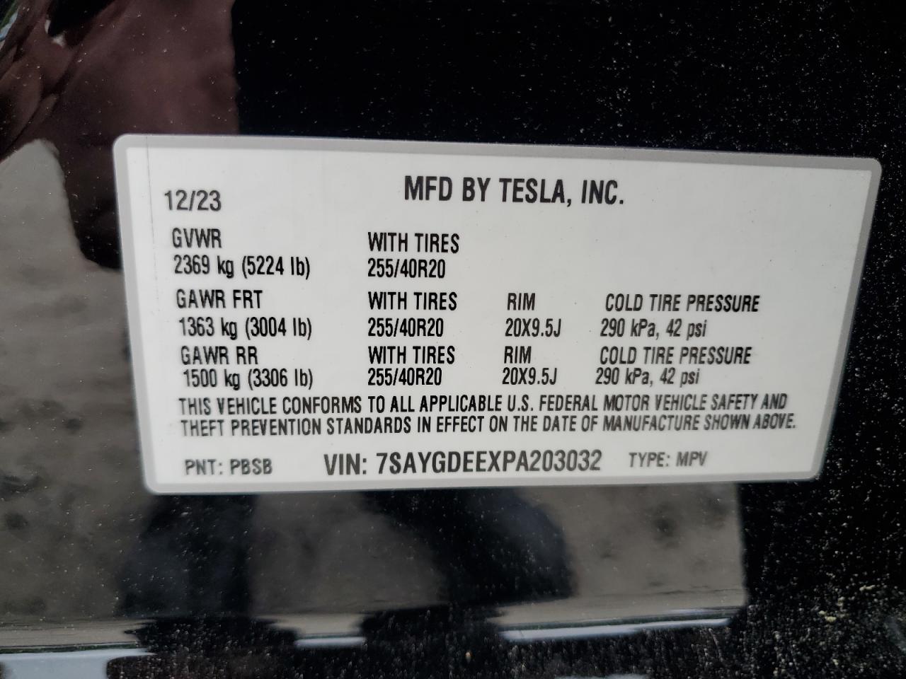 2023 TESLA MODEL Y VIN:7SAYGDEEXPA203032