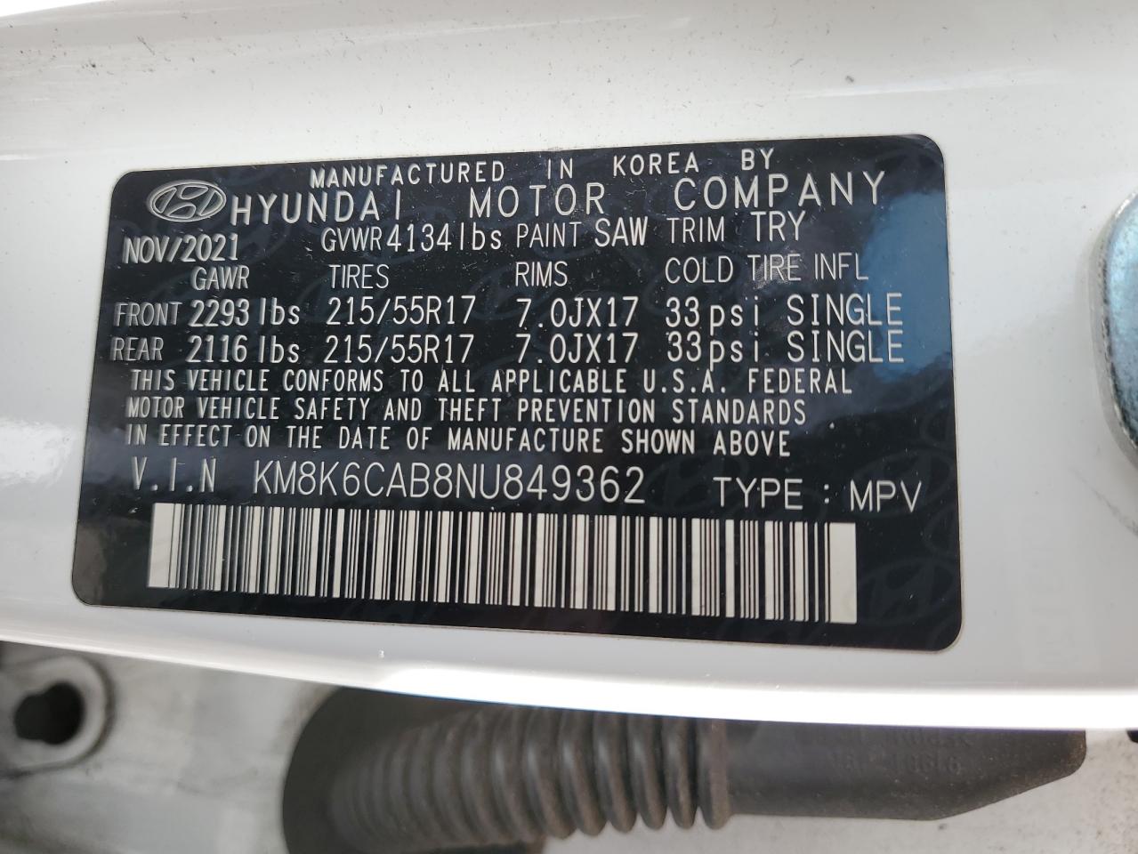 2022 HYUNDAI KONA SEL VIN:KM8K6CAB8NU849362