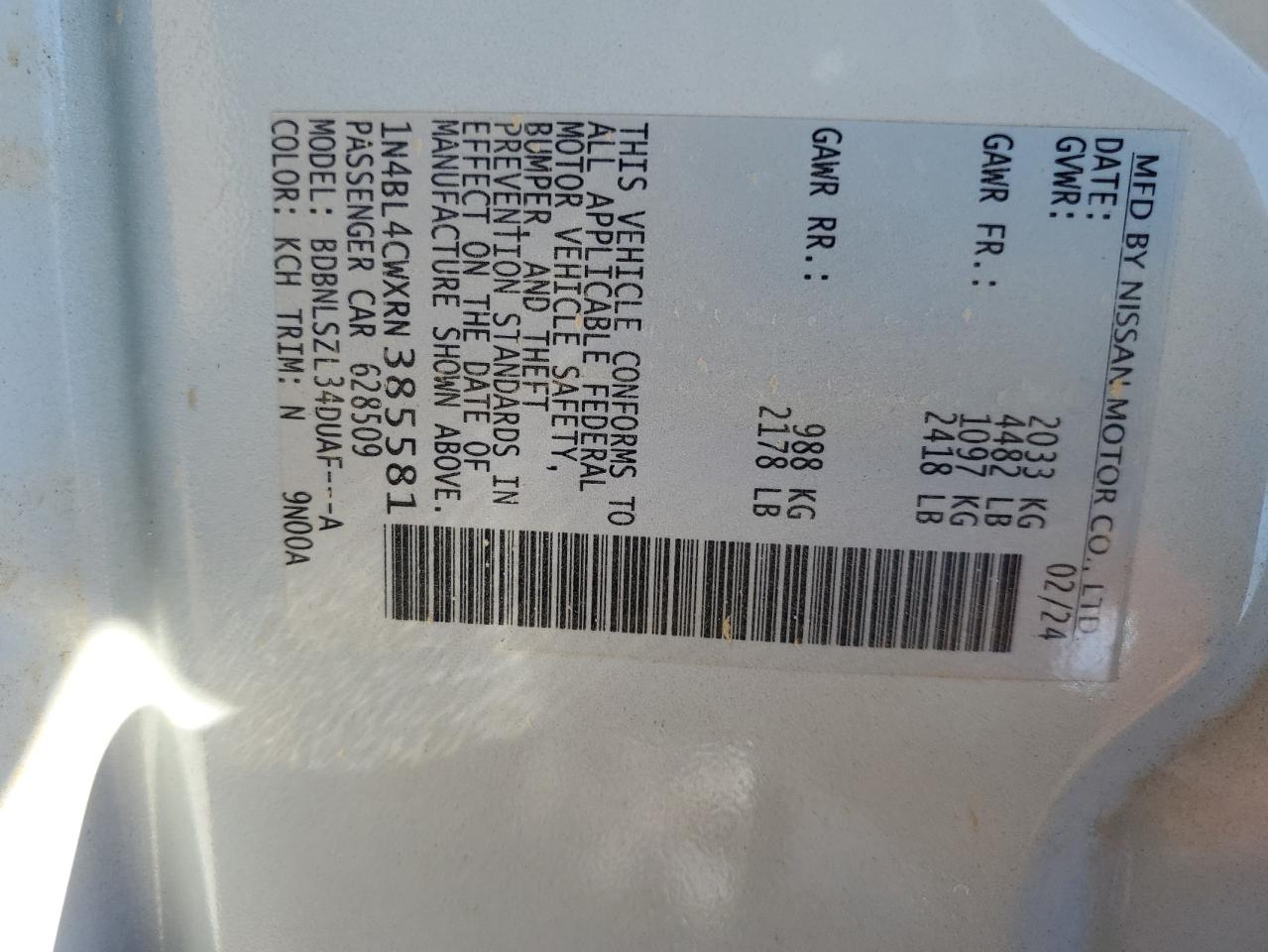 2024 NISSAN ALTIMA SR VIN:1N4BL4CWXRN385581