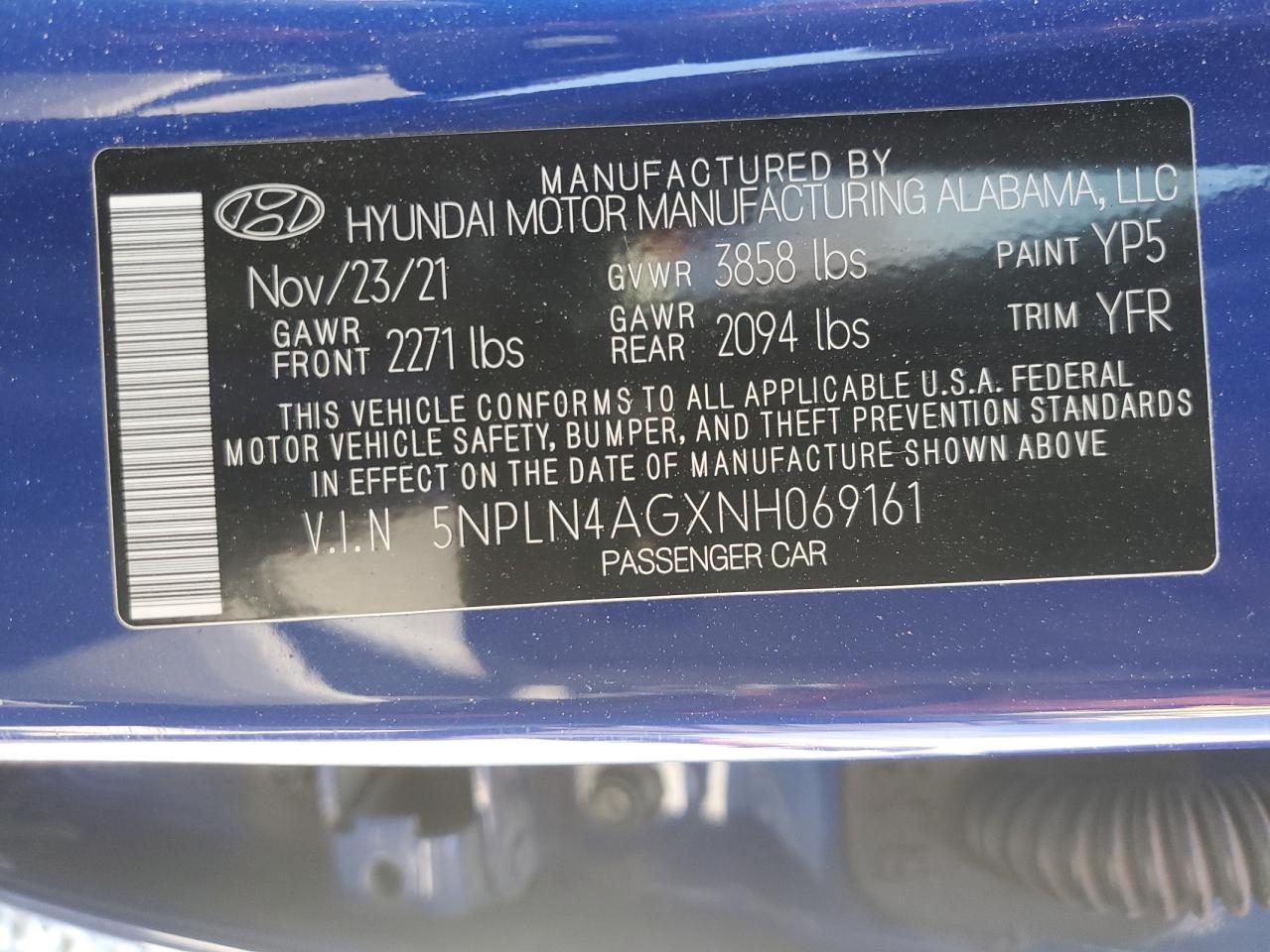 2022 HYUNDAI ELANTRA SEL VIN:5NPLN4AGXNH069161