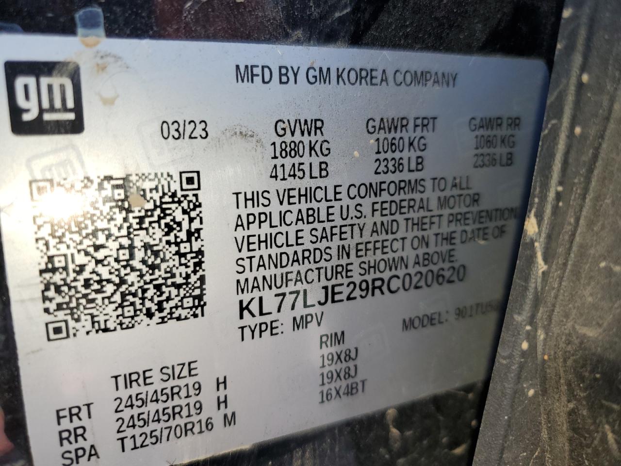 2024 CHEVROLET TRAX 2RS VIN:KL77LJE29RC020620