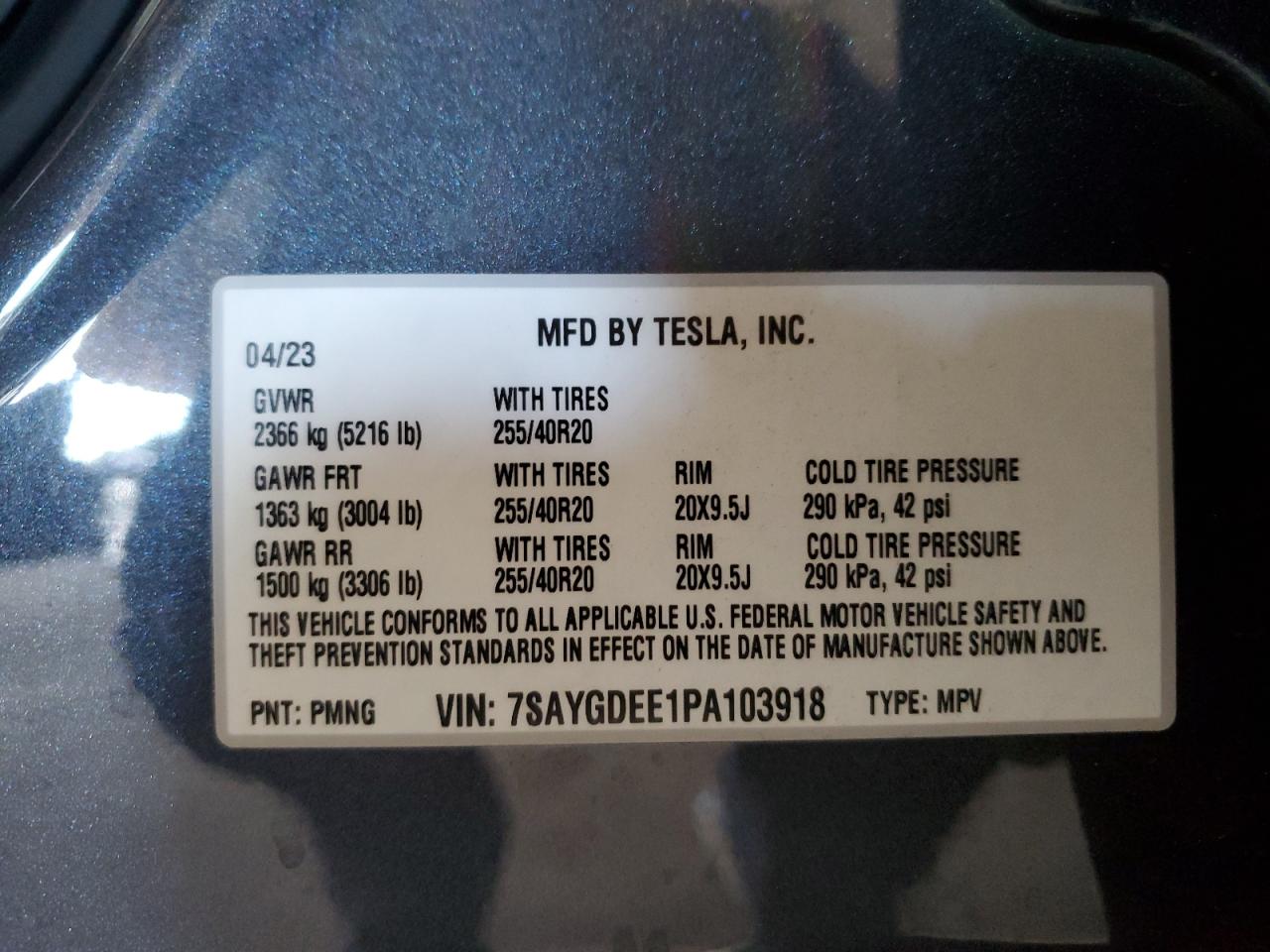 2023 TESLA MODEL Y VIN:7SAYGDEE1PA103918