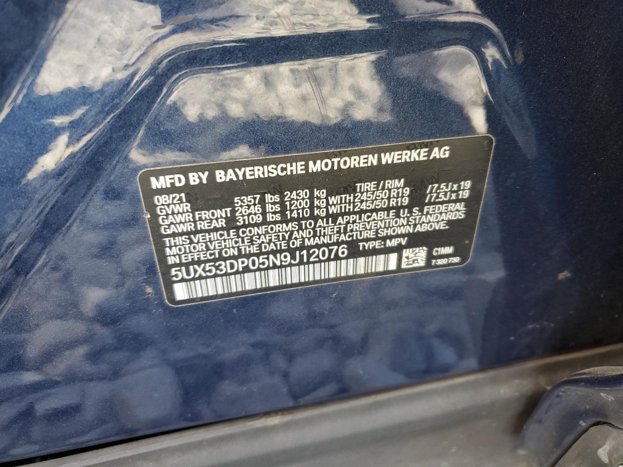 2022 BMW X3 XDRIVE30I VIN:5UX53DP05N9J12076