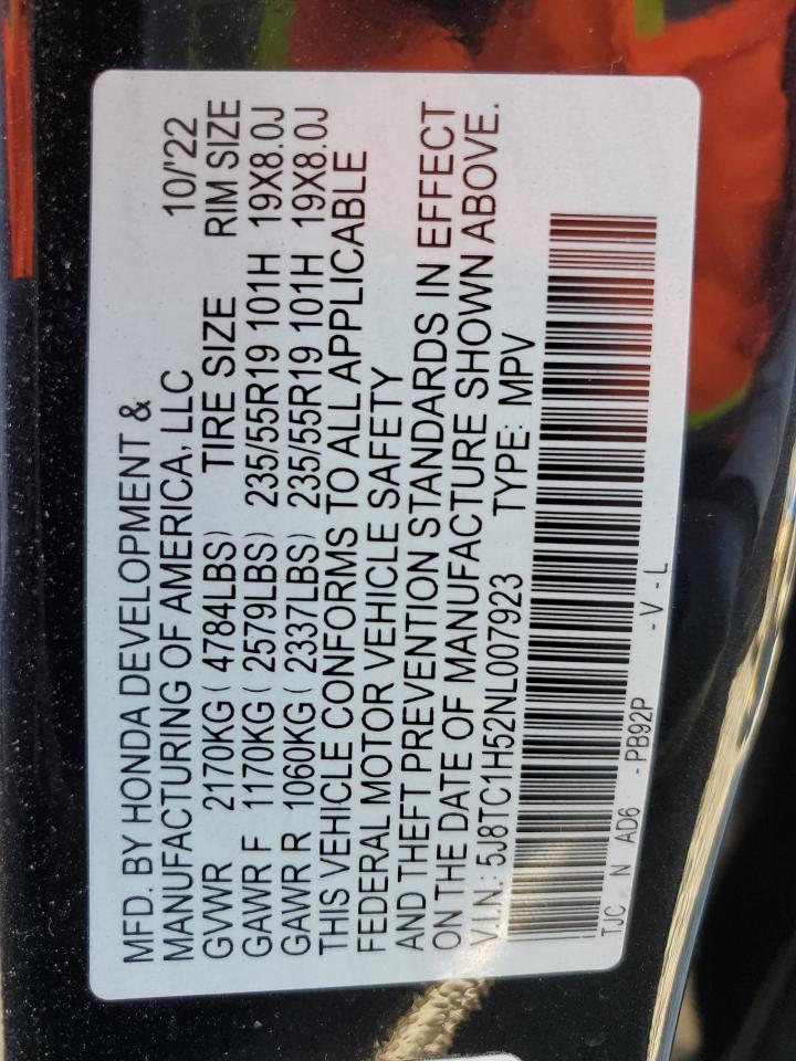 2022 ACURA RDX TECHNOLOGY VIN:5J8TC1H52NL007923