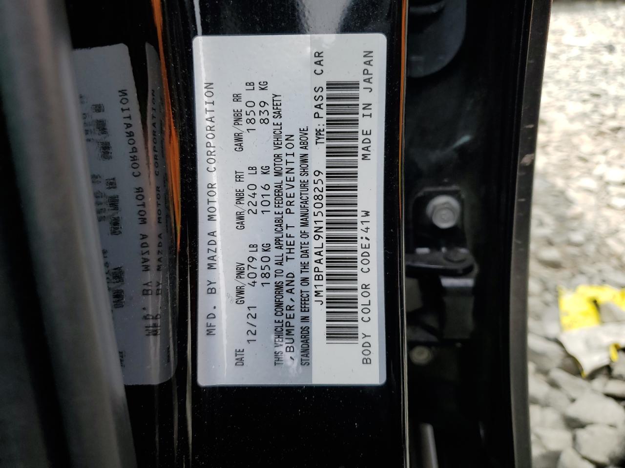 2022 MAZDA 3 VIN:JM1BPAAL9N1508259