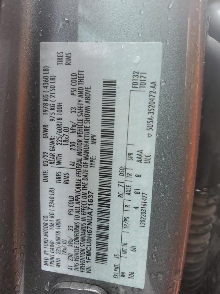 2022 FORD ESCAPE SEL VIN:1FMCU0H67NUA71637