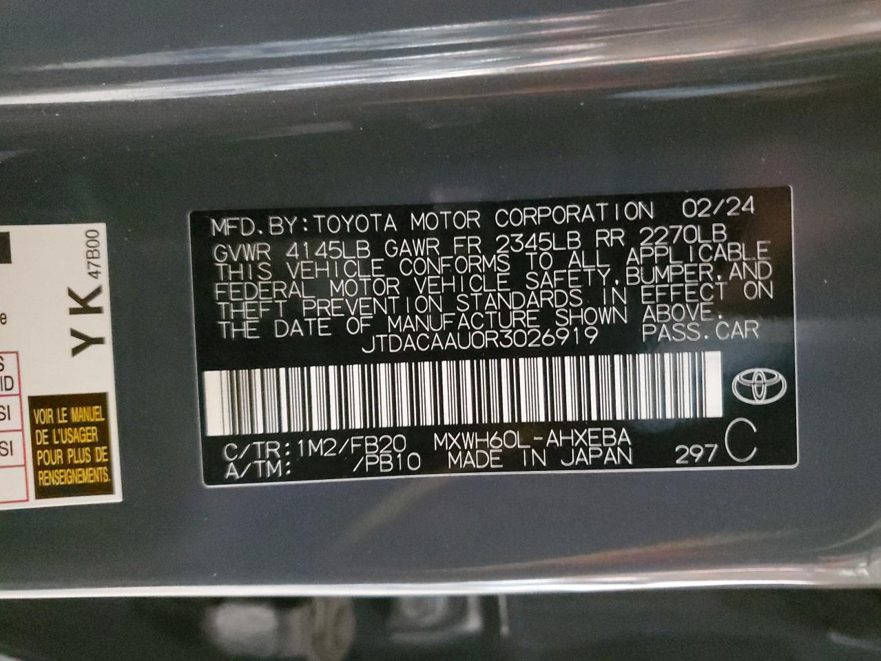 2024 TOYOTA PRIUS LE VIN:JTDACAAU0R3026919