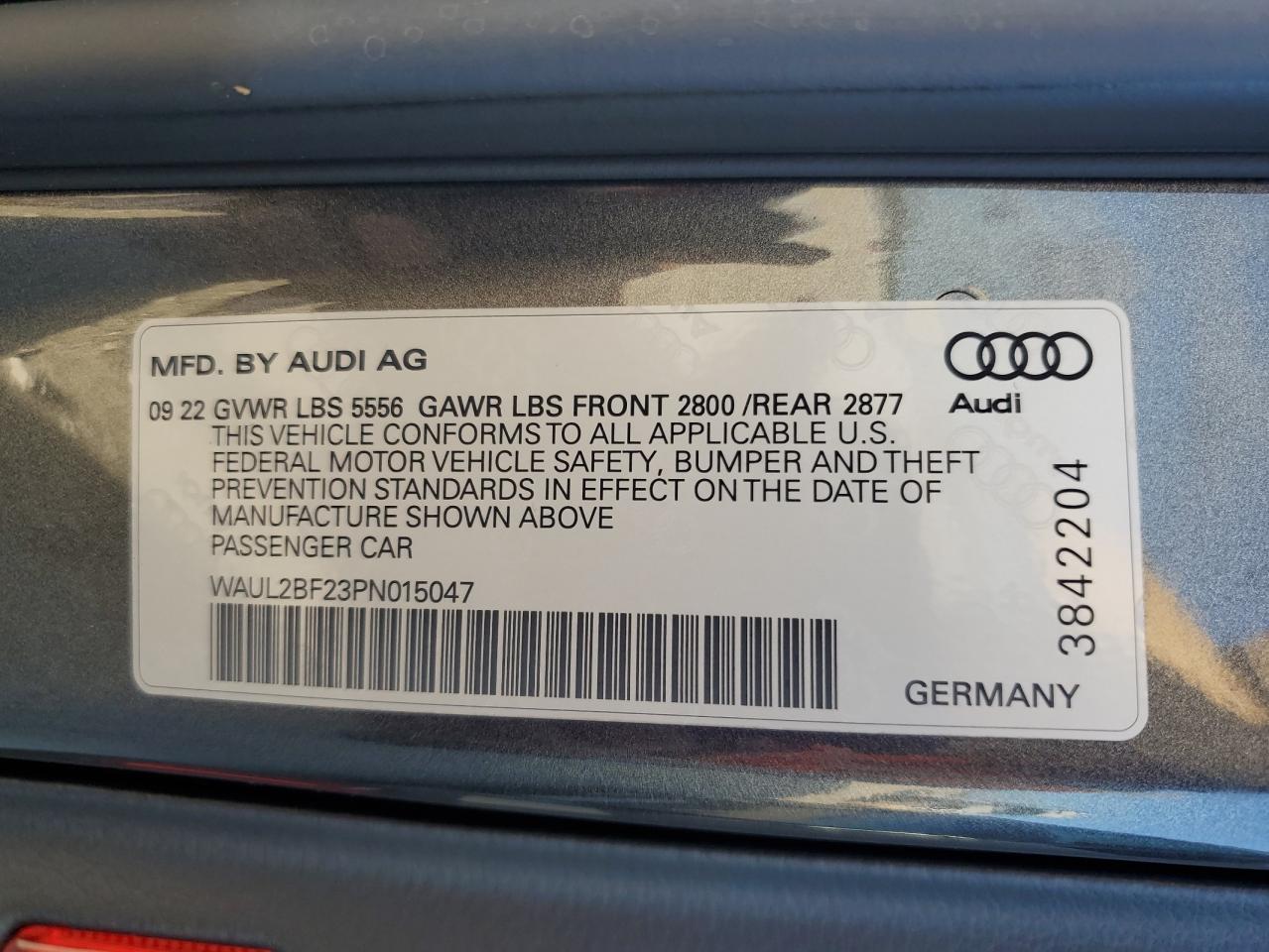 2023 AUDI A6 PREMIUM PLUS VIN:WAUL2BF23PN015047