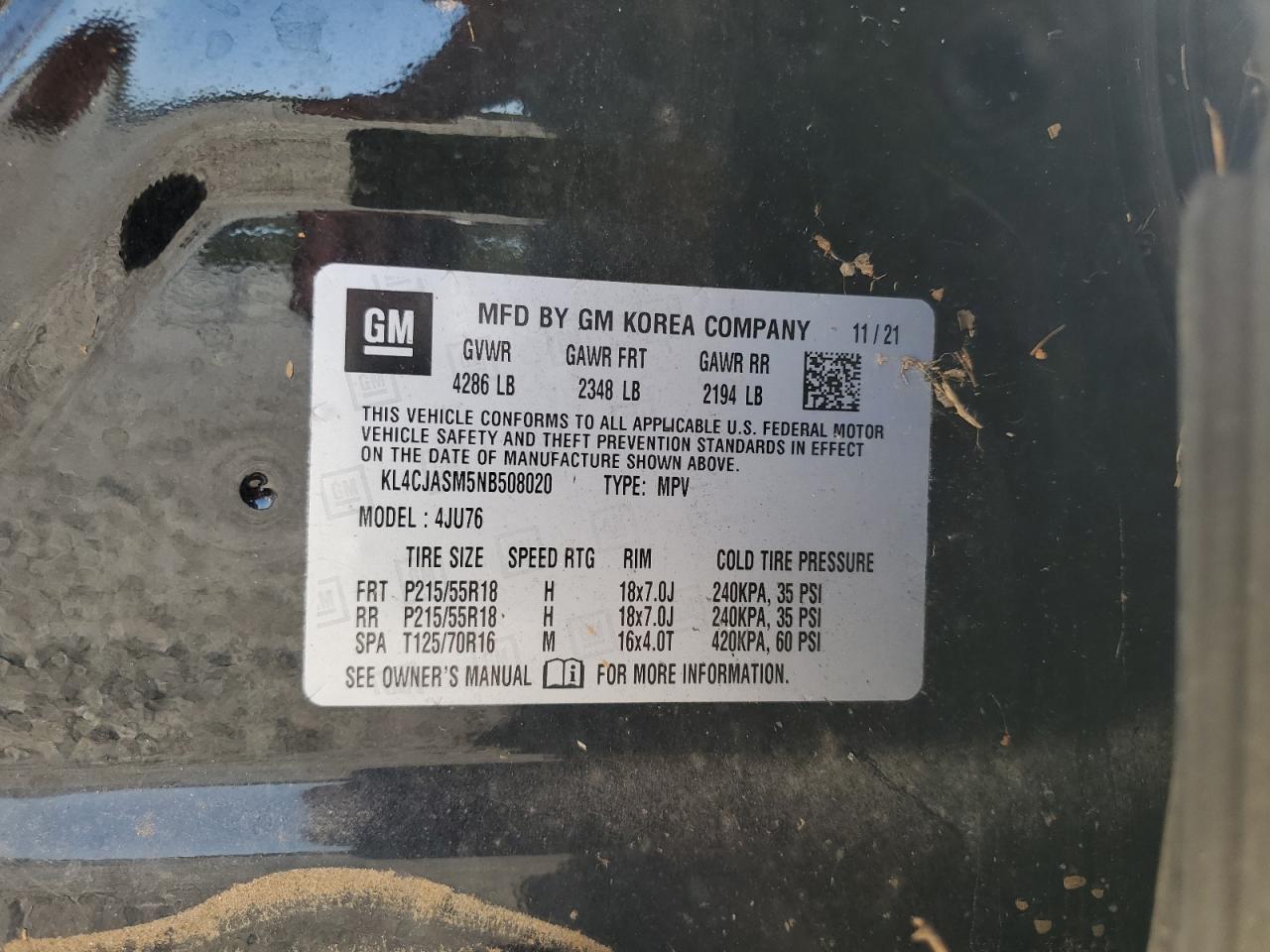 2022 BUICK ENCORE PREFERRED VIN:KL4CJASM5NB508020