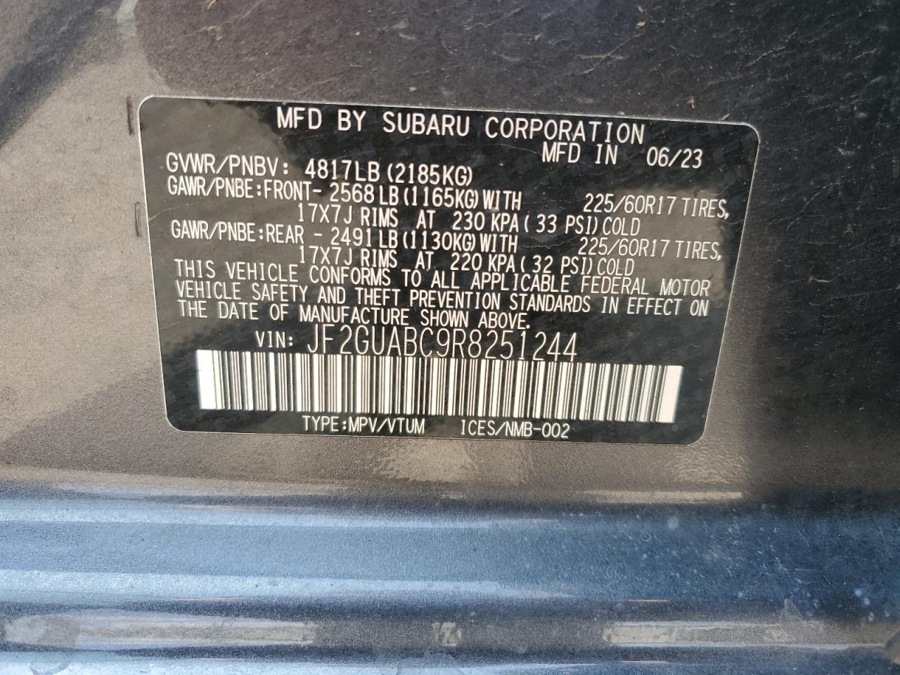 2024 SUBARU CROSSTREK VIN:JF2GUABC9R8251244