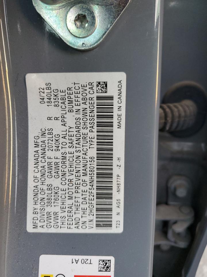 2022 HONDA CIVIC SPORT VIN:2HGFE2F54NH580156