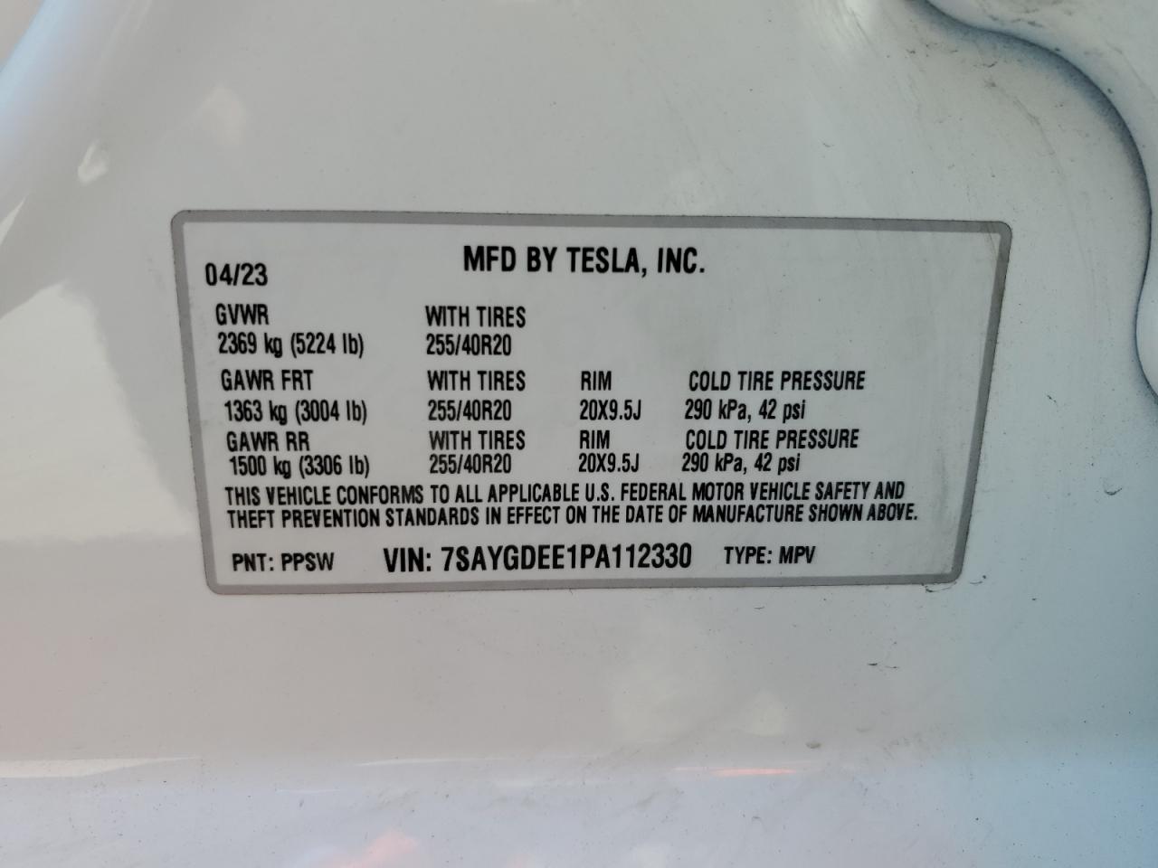 2023 TESLA MODEL Y VIN:7SAYGDEE1PA112330