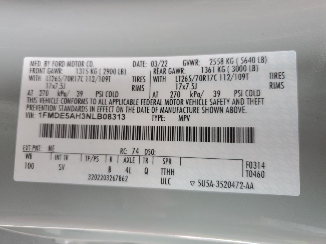 2022 FORD BRONCO BASE VIN:1FMDE5AH3NLB08313