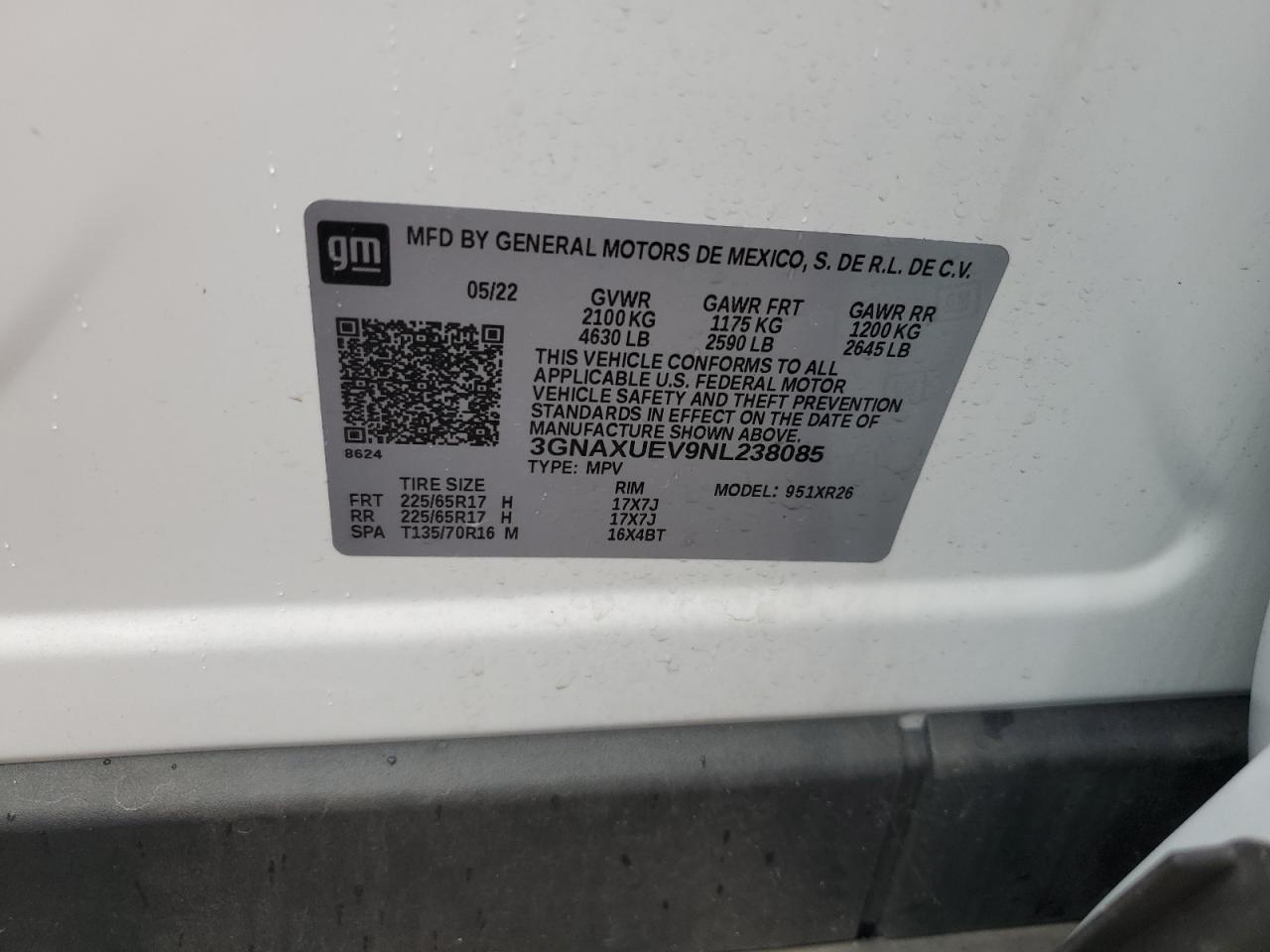 2022 CHEVROLET EQUINOX LT VIN:3GNAXUEV9NL238085