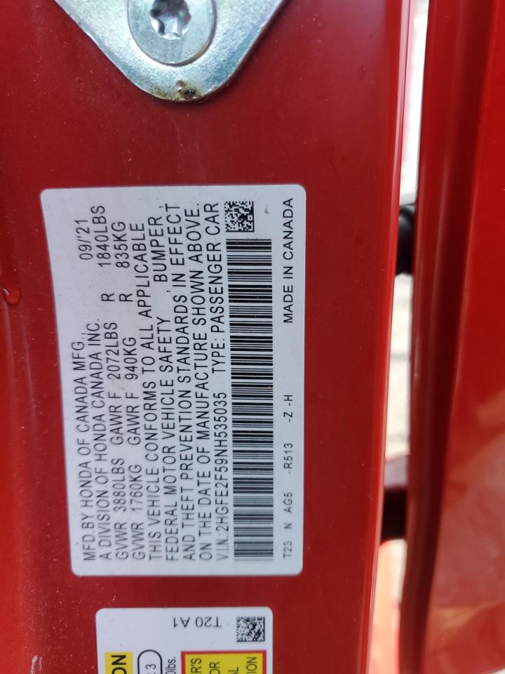 2022 HONDA CIVIC SPORT VIN:2HGFE2F59NH535035
