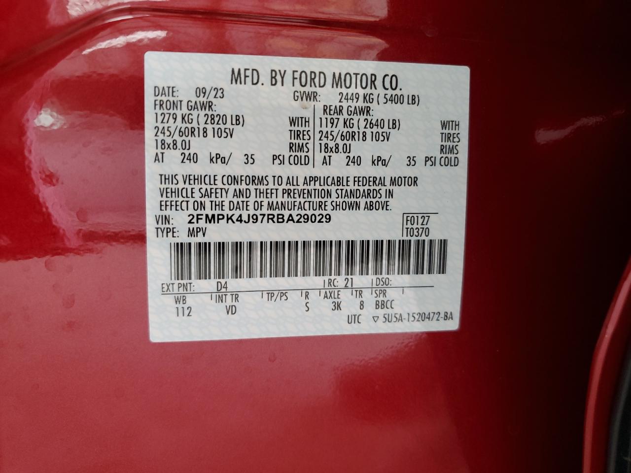 2024 FORD EDGE SEL VIN:2FMPK4J97RBA29029