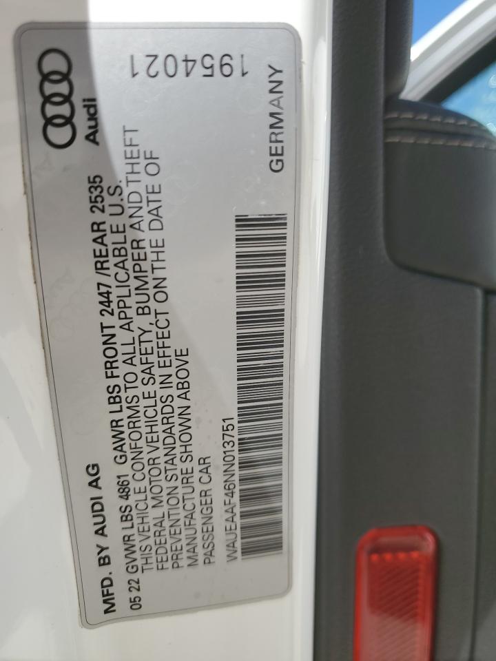 2022 AUDI A4 PREMIUM PLUS 45 VIN:WAUEAAF46NN013751