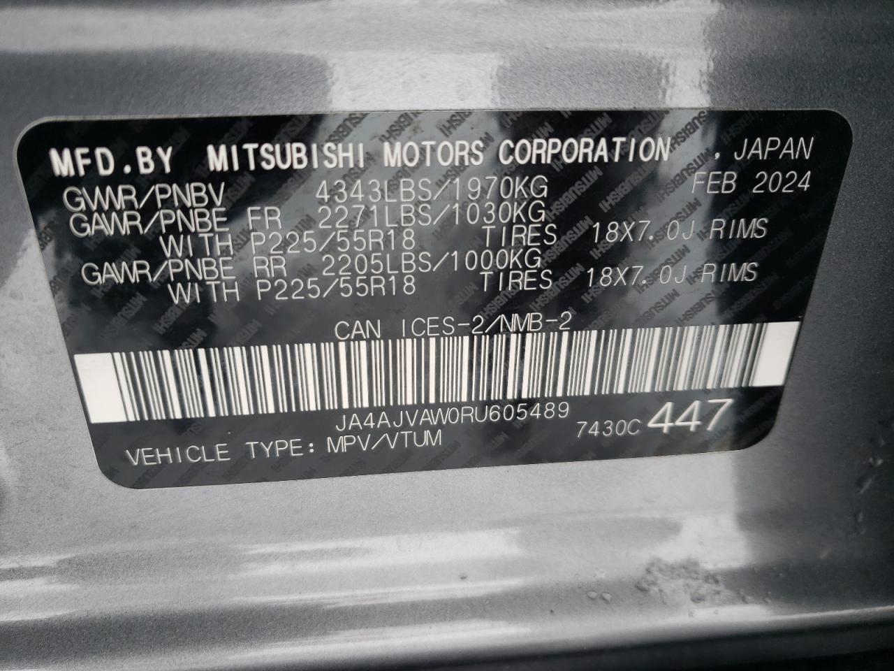 2024 MITSUBISHI RVR SE VIN:JA4AJVAW0RU605489