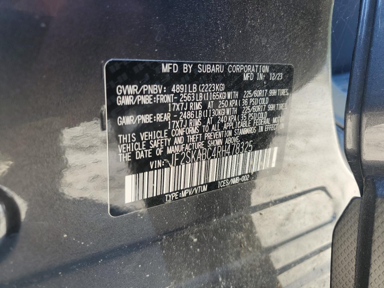 2024 SUBARU FORESTER VIN:JF2SKABC4RH478325