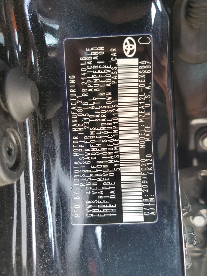 2022 TOYOTA COROLLA SE VIN:5YFS4MCE1NP101251