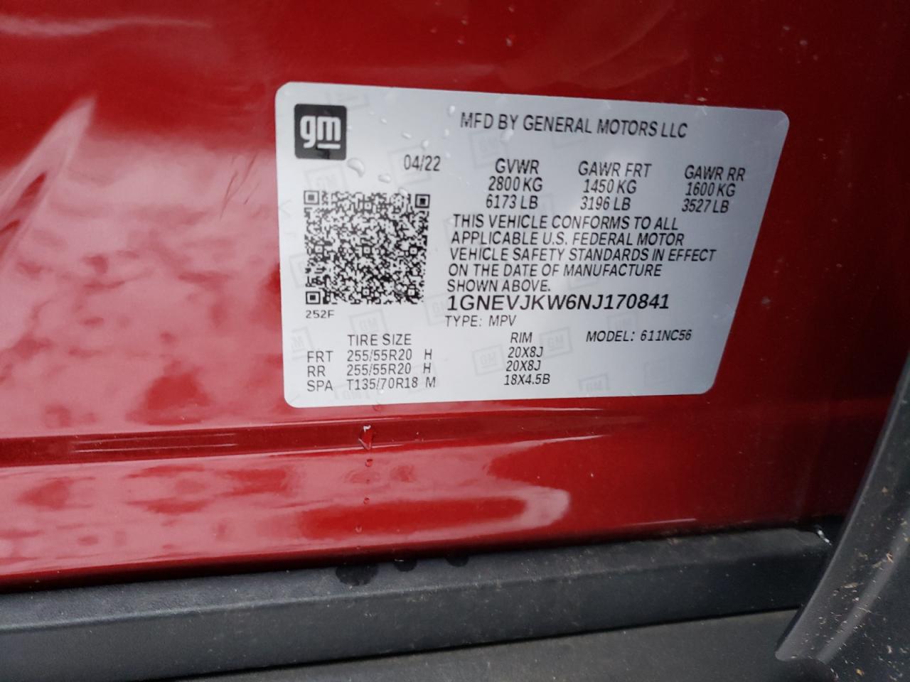 2022 CHEVROLET TRAVERSE RS VIN:1GNEVJKW6NJ170841