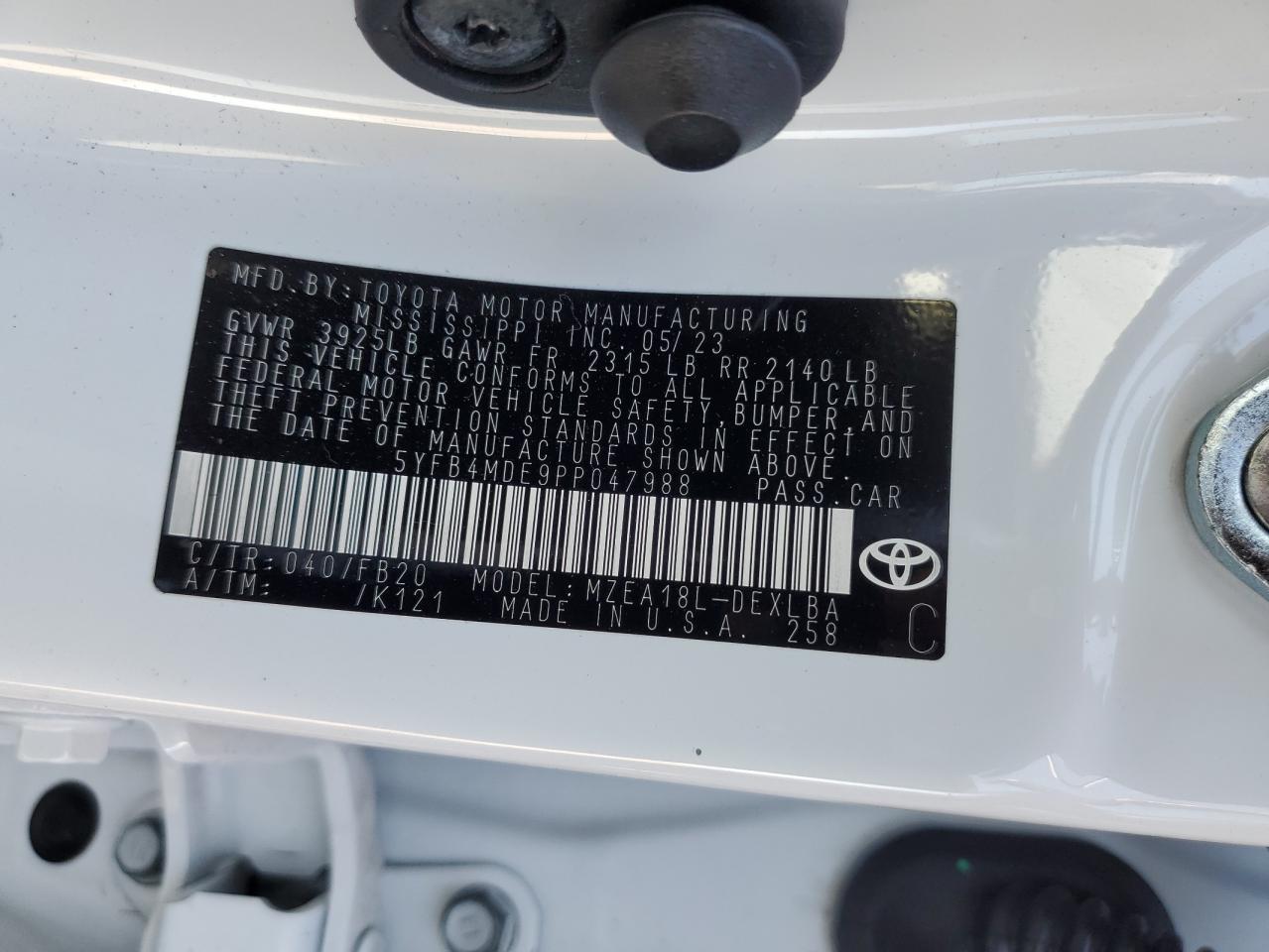 2023 TOYOTA COROLLA LE VIN:5YFB4MDE9PP047988
