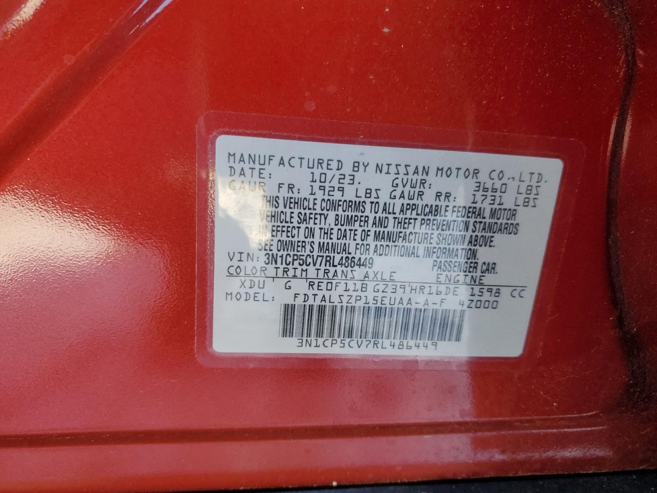 2024 NISSAN KICKS SV VIN:3N1CP5CV7RL486449
