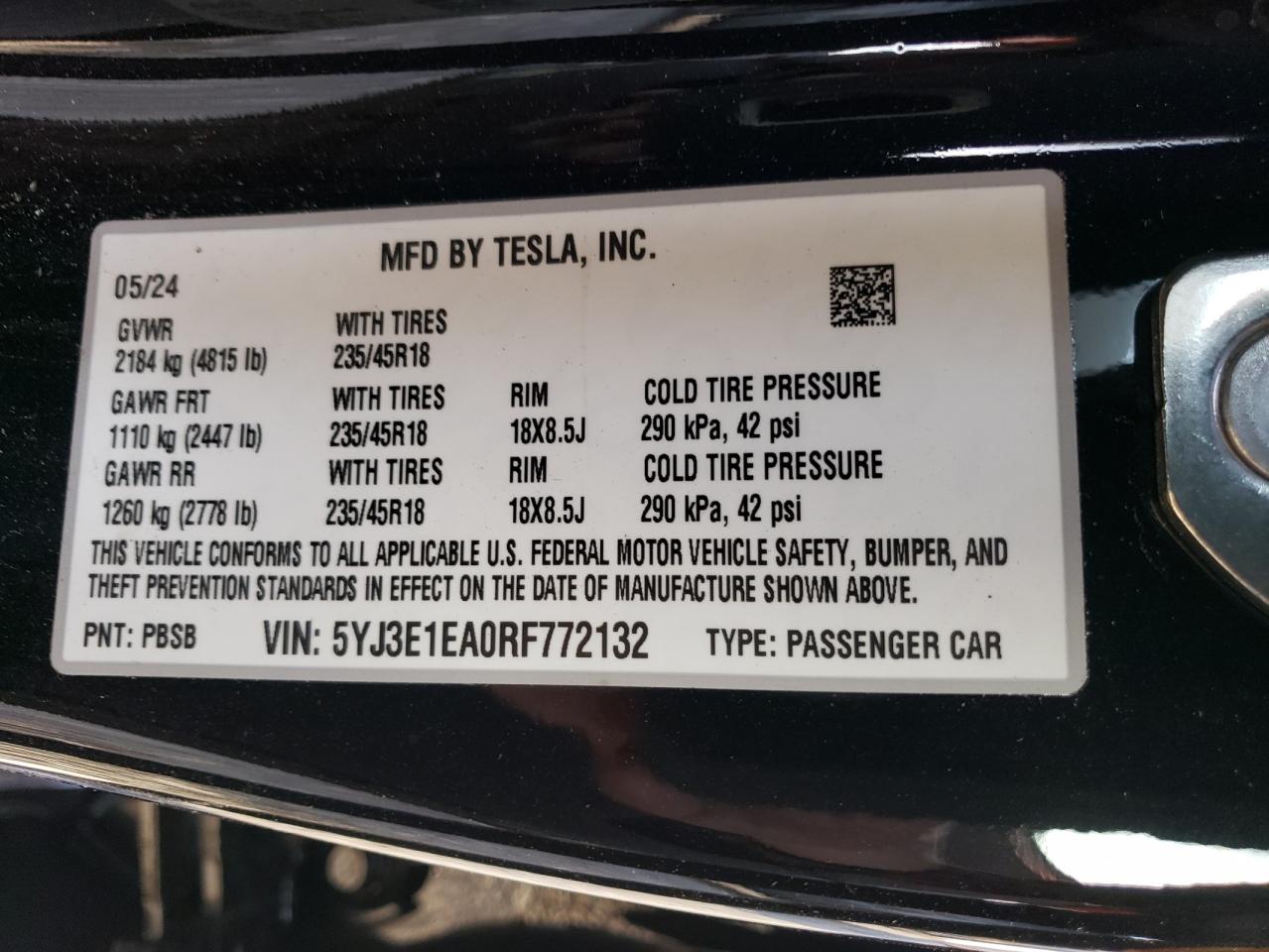 2024 TESLA MODEL 3 VIN:5YJ3E1EA0RF772132